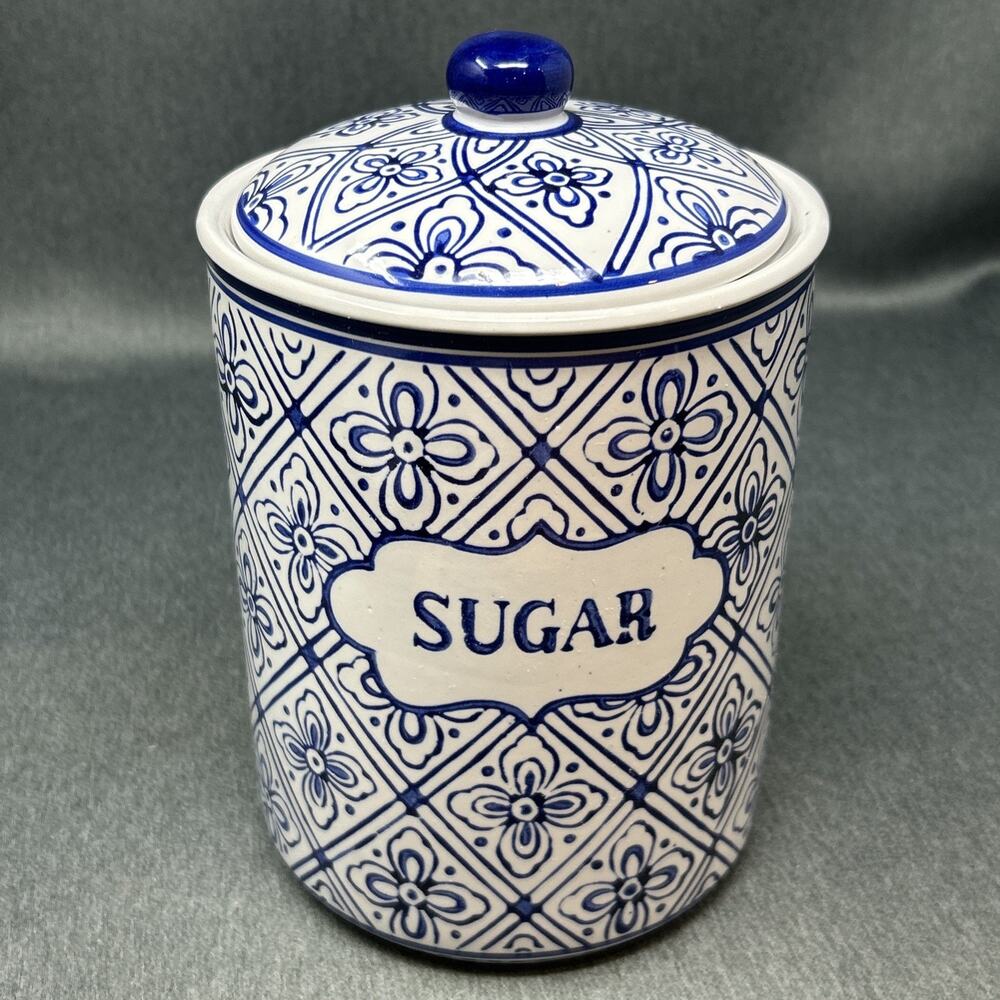Home Essentials Blue Stamp Sugar Canister Ceramic Blue White Tile Pattern Decor